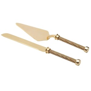 2985 CONJ 2 TALHERES DE ZAMAC C/CABO TRANCADO DOURADO 32CM