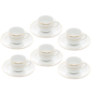 17913 CONJ 6 XICARAS CAFE DE PORCELANA COM PIRES E BORDA DOURADA MONACO BRANCO 100ML