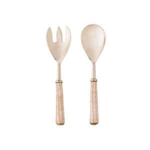 28933 CONJ 2PC DE ACO INOX P/SALADA C/CABO DE RATTAN DOURADO