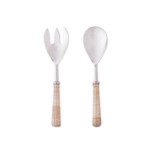 28934 CONJ 2PC DE ACO INOX P/SALADA C/CABO DE RATTAN PRATA