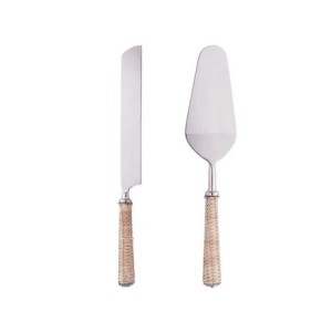 28936 CONJ 2PC DE ACO INOX P/BOLO C/CABO DE RATTAN PRATA