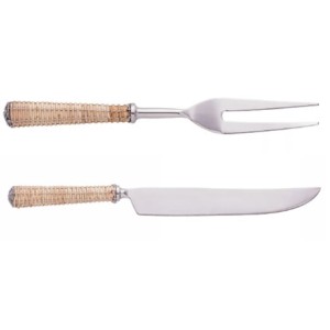 28938 CONJ 2PC FACA E GARFO DE ACO INOX P/ASSADO C/CABO DE RATTAN PRATA