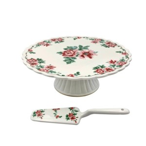 30720 PRATO PARA BOLO C/ PE E ESPÁTULA MON CHERI BRANCA C/BORDA DOURADA