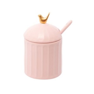 17924 AÇUCAREIRO DE CERAMICA COLIBRI COM COLHER E TAMPA ROSA