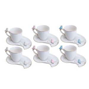 18124 CONJ 6 XICARAS CAFE  CUTE BIRDS DESIGN PLATE BRANCO 90ML
