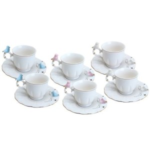 18126 CONJ 6 XICARAS CAFE BIRDS ROUND PLATE BRANCO 100ML