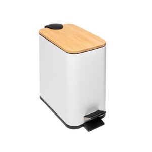 220221 LIXEIRA QUADRADA DE METAL COM PEDAL E TAMPA EM BAMBU BRANCA 5L